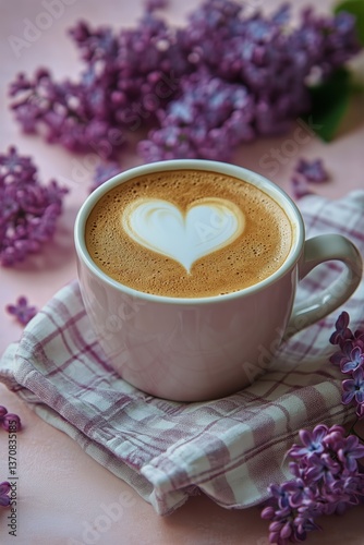 Heart Shaped Latte Art Surrounded by Lilac Flowers on a Soft Pink Background