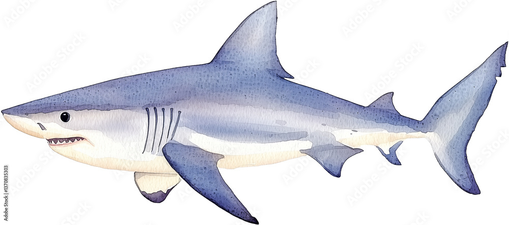 Fototapeta premium Watercolor Illustration of a Great White Shark Swimming