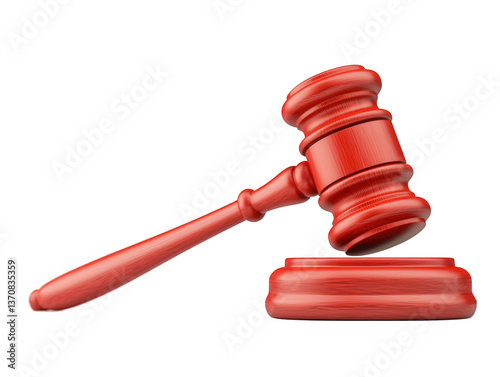 Wooden gavel in red color striking a sound block on a white background symbolizing law, justice, and legal authority during a courtroom setting photo