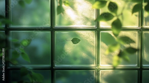 Sunlight Filters Through Glass Blocks With Green Leaves Creating a Tranquil A...