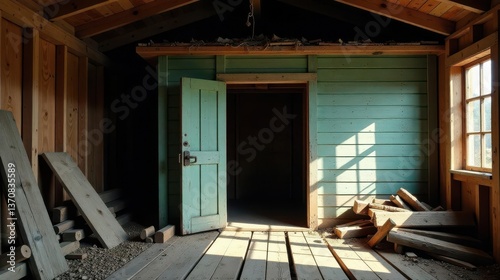 Rustic wooden shed interior with open door revealing a dimly lit space, sunlit wooden floor, and stacks of lumber