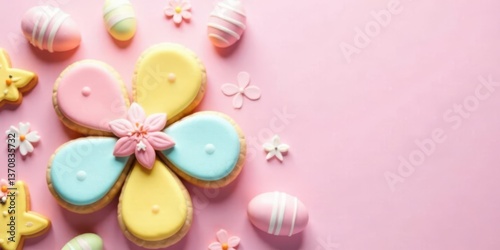Pastel Flower-Shaped Cookies and Decorated Eggs on Pink Background for Springtime Celebration