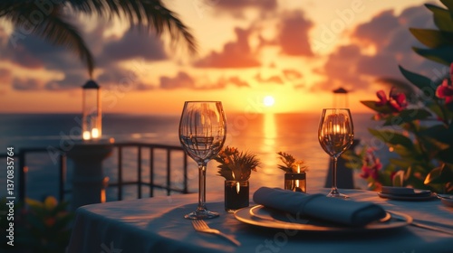Romantic Sunset Dinner: A captivating twilight scene, featuring a table set for a romantic dinner, with wine glasses reflecting the warm hues of the setting sun over the ocean.