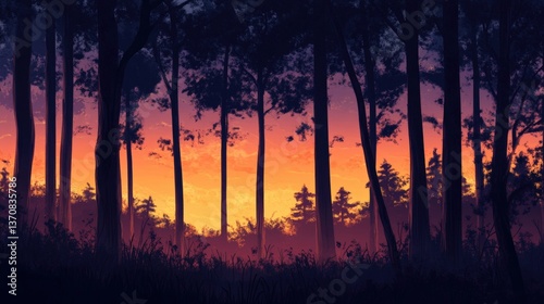 Twilight Symphony: Trees silhouette against a vibrant dusk, capturing the magic of a serene evening