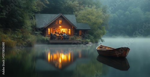 Cozy Cabin Illuminated at Dusk by the Lake With a Boat in the Foreground