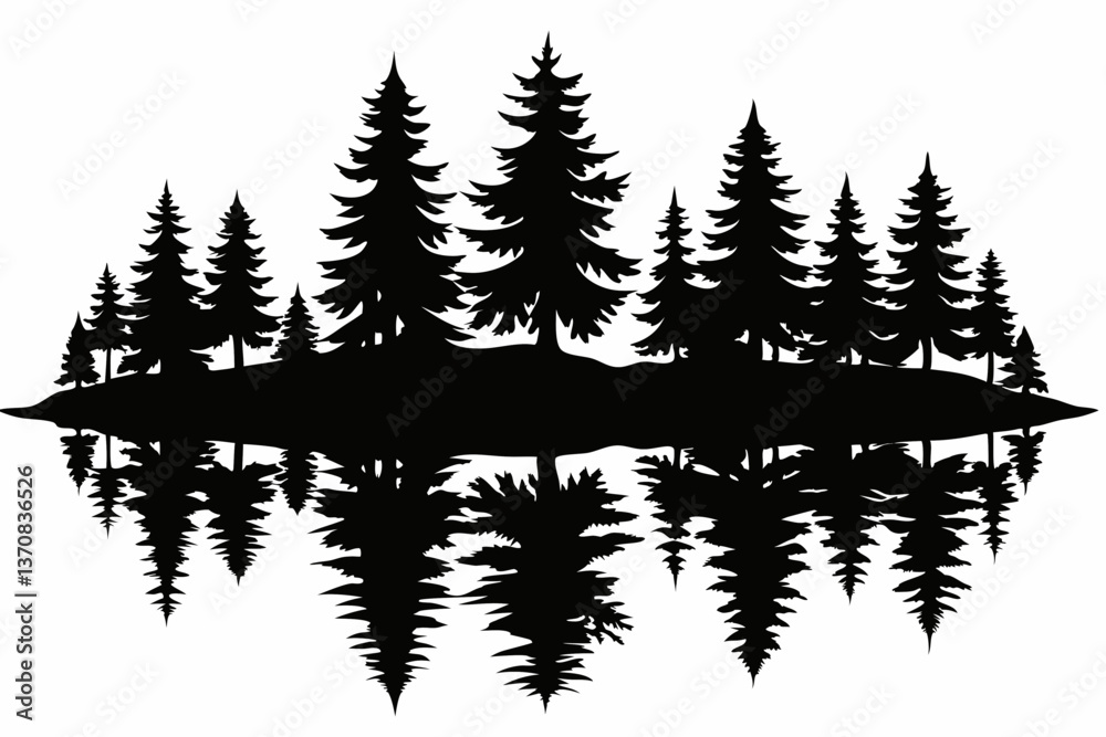 Obraz premium reflection in water pine tree forest silhouette line art vector illustration