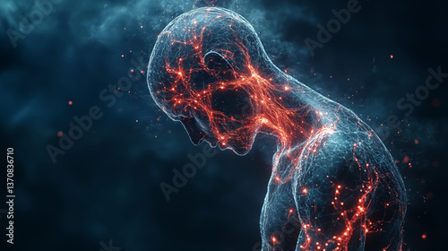 Digital human silhouette with glowing neural networks illuminating brain and nervous system against dark background. Concept of artificial intelligence, neuroscience, and consciousness