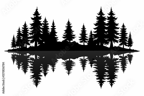 reflection in water pine tree forest silhouette line art vector illustration