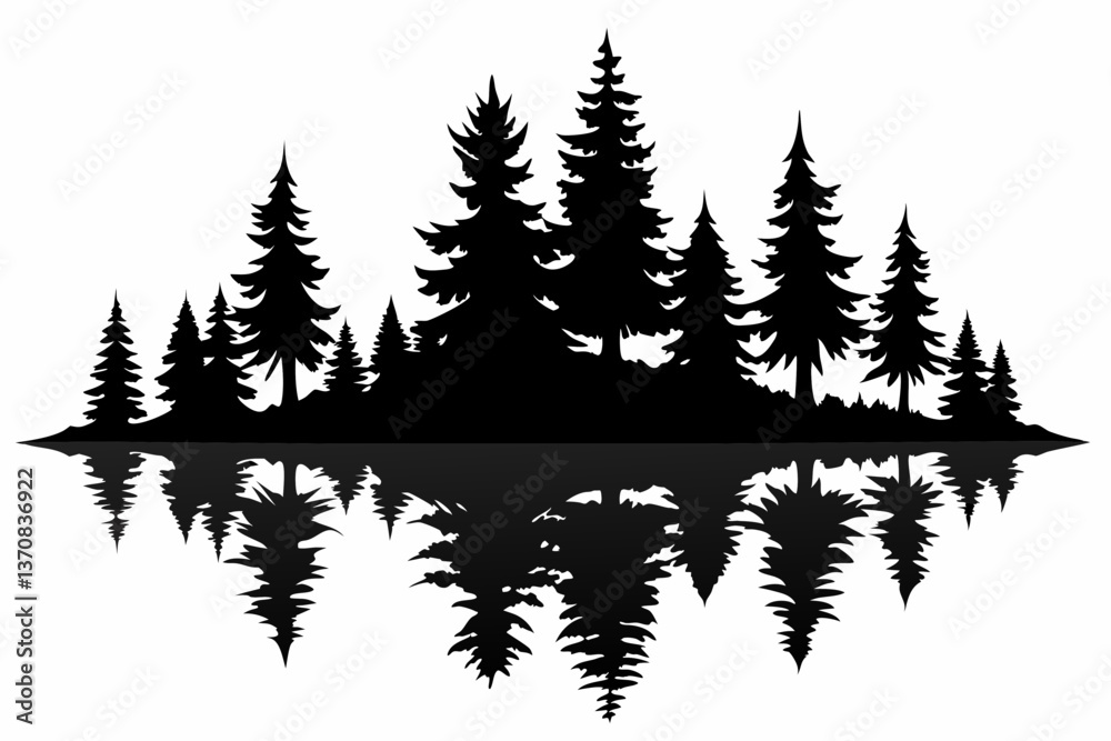 Obraz premium reflection in water pine tree forest silhouette line art vector illustration