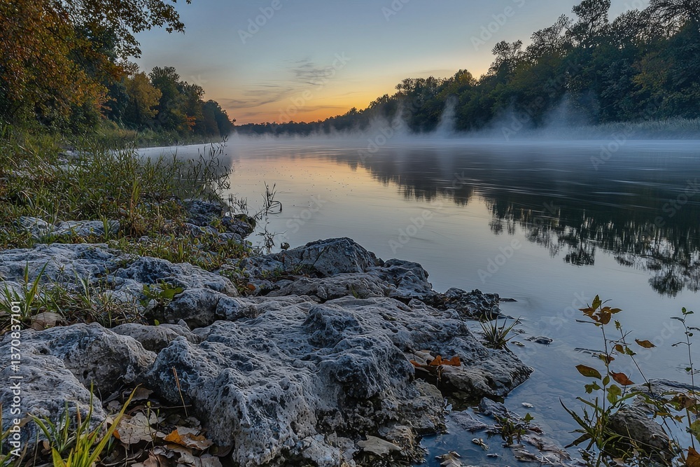 Fototapeta premium Tranquil dawn river scene with mist rising and colorful sky