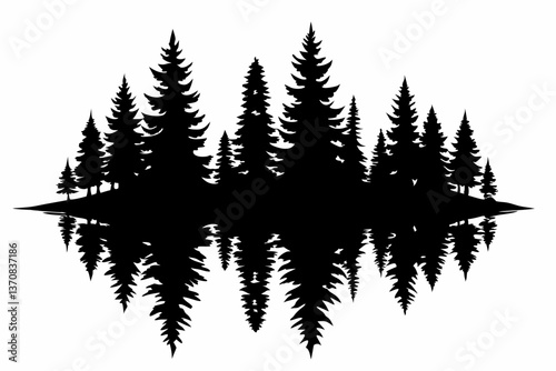 reflection in water pine tree forest silhouette line art vector illustration