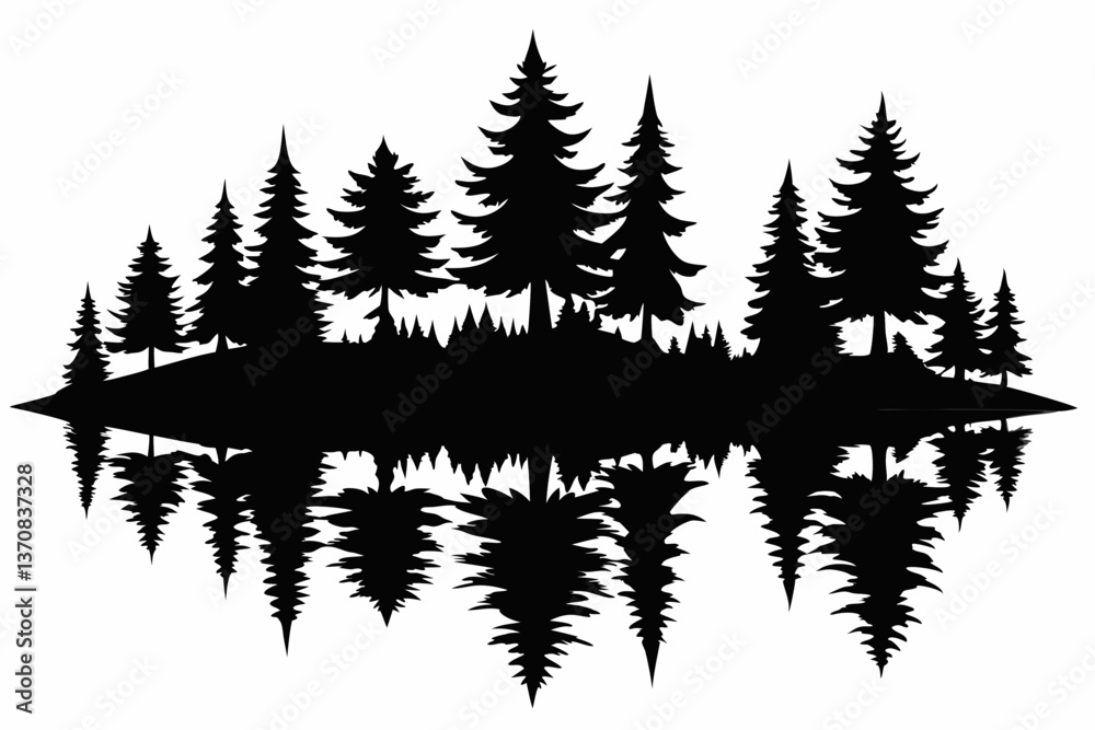 Obraz premium reflection in water pine tree forest silhouette line art vector illustration