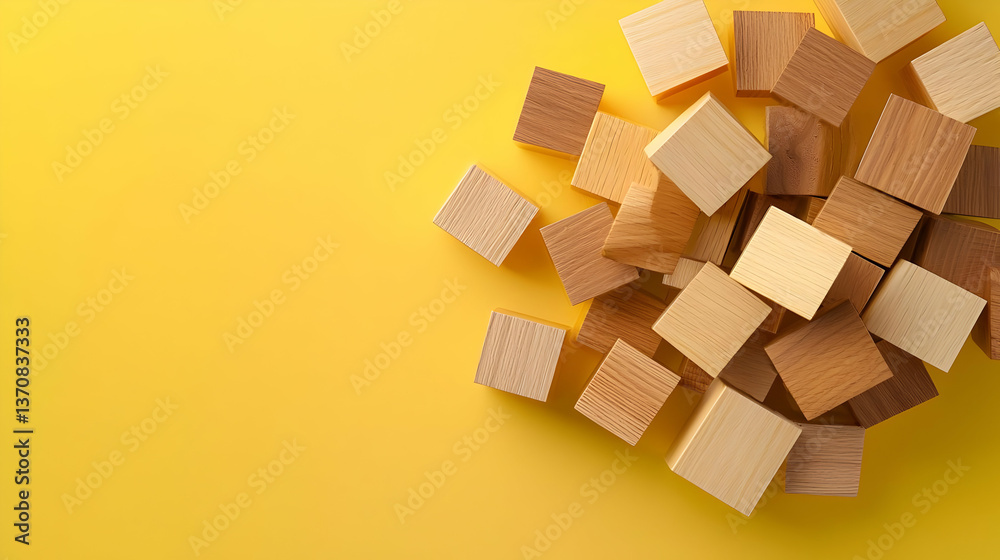 Obraz premium Pile Of Wooden Cubes On Bright Yellow Background