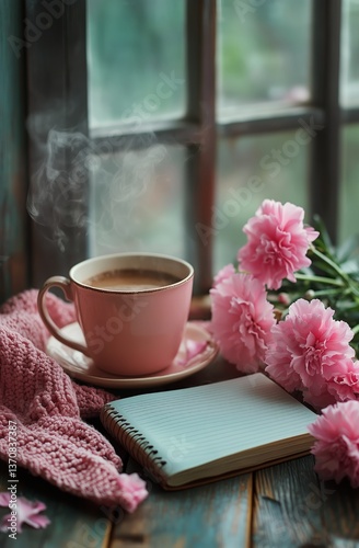 Cozy Morning Coffee With Flowers and a Notebook by the Window During a Rainy Day