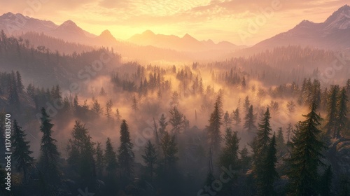 A dramatic mountain landscape with dense evergreen forests, partially covered in a thick, swirling mist