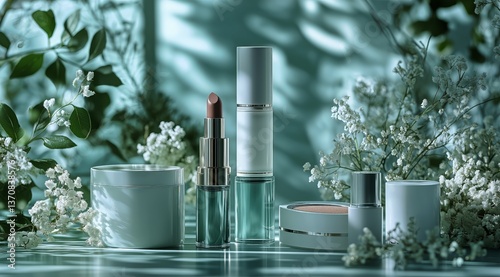 Beauty Products Displayed Among Fresh Flowers and Greenery in a Serene Setting