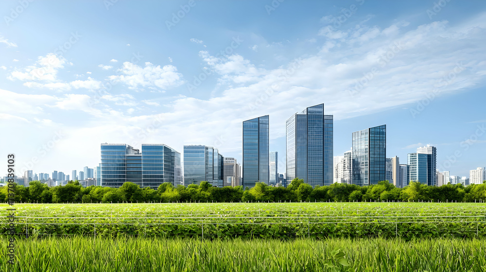Fototapeta premium Cityscape Panorama With Green Parkland