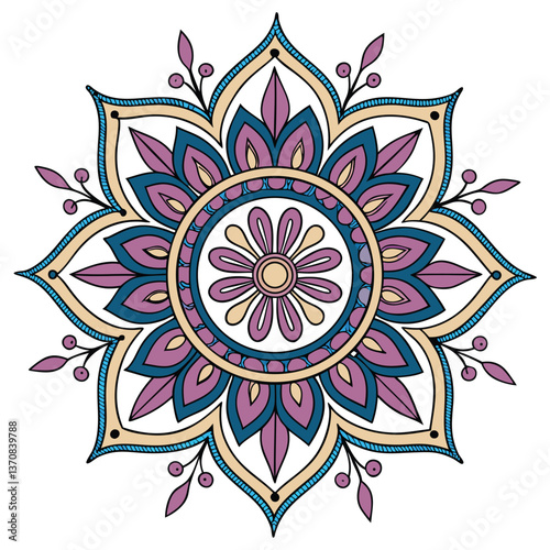 Intricate Mandala Design in Purples, Golds, and Teal, ai generated