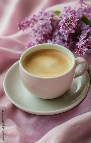 Heart-shaped Latte Art With Lilacs on a Soft Pastel Background in a Cozy Setting
