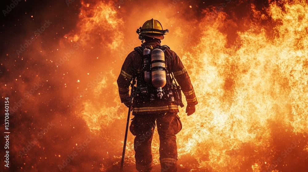 Brave firefighter confronts a fiery blaze. Intense orange flames and thick smoke create a dramatic scene of courage and resilience Brave firefighter confronts a fiery blaze. Intense orange flames and thick smoke create a dramatic scene of courage and resilience