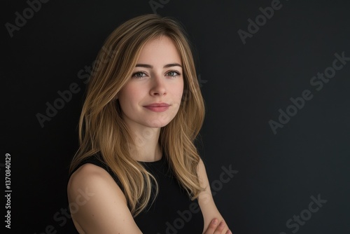 Photo of young American woman Empty black background