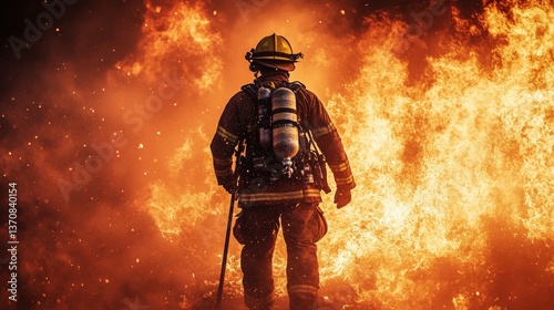 Brave firefighter confronts a fiery blaze. Intense orange flames and thick smoke create a dramatic scene of courage and resilience