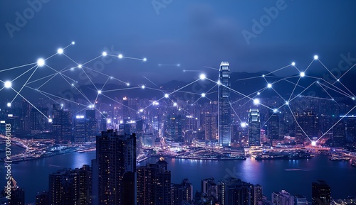 Aerial view of skyline illuminated at night with digital network connections overlay By Alina Tymofieieva
