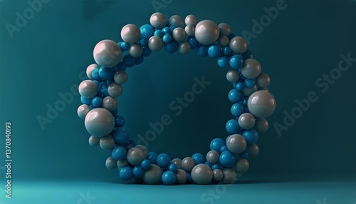 Blue Abstract Background With Circular Frame and Floating Spheres in Modern D...