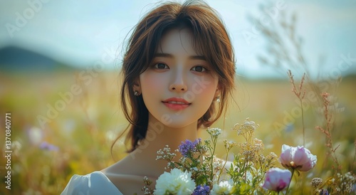 Young Woman in a Floral Field Holds a Bouquet While Enjoying the Sunset Light