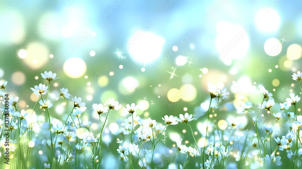 Fototapeta premium Dreamy meadow of white daisies against soft bokeh background with morning dew and sunlight creating magical atmosphere. Gentle spring nature scene.