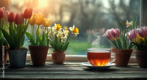 Fresh Flowers and Steaming Cup on a Sunny Windowsill in Springtime