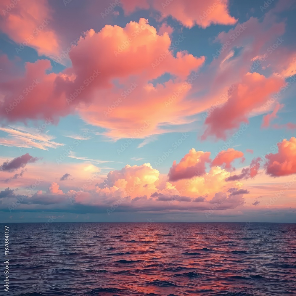 Fototapeta premium Clouds are painted with hues of orange and pink, sky, water