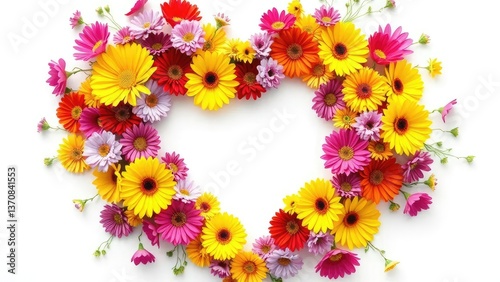 Colorful flowers in heart shape on white background, decoration, white, heart