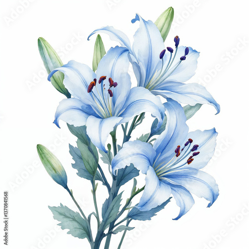 Watercolor of soft blue lilies mixing various shades