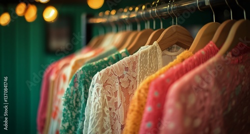 Colorful Lace Garments Displayed on a Rack in a Stylish Boutique During a Sun...