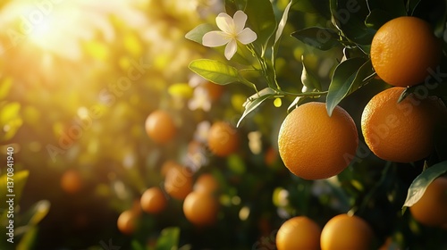 Vibrant Orange Grove at Sunset With Blooming Flowers and Ripe Fruit Highlight...