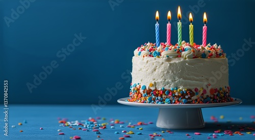 Six Pink Candles Blaze on a Round Birthday Cake Adorned With Colorful Sprinkles
