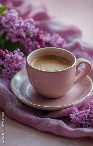 Heart-shaped Latte Art With Lilacs on a Soft Pastel Background in a Cozy Setting