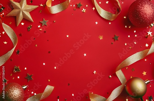 Festive Gold and Red Decorations With Stars and Ribbons for Holiday Celebrations