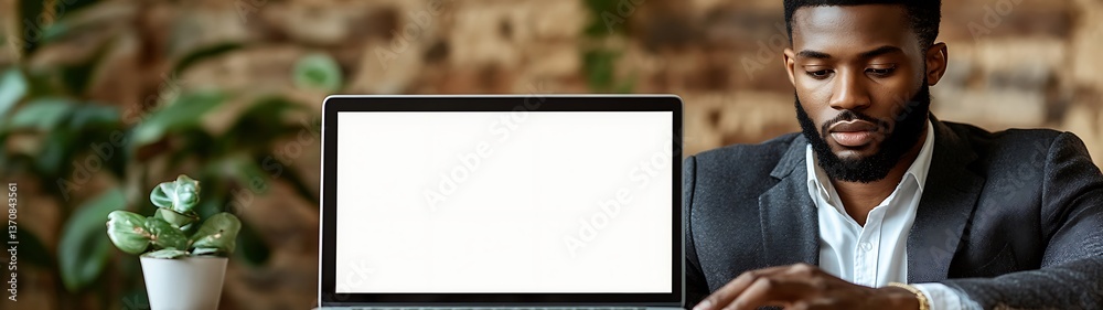 Obraz premium Man working on laptop, cafe setting