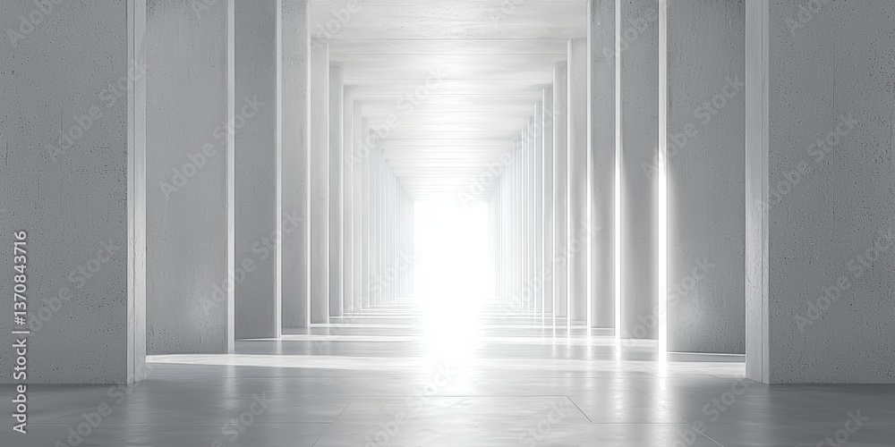 Obraz premium A minimalist architectural scene featuring a long corridor with tall rectangular pillars evenly spaced on both sides, creating a symmetrical perspective leading to a bright white light at the far end,