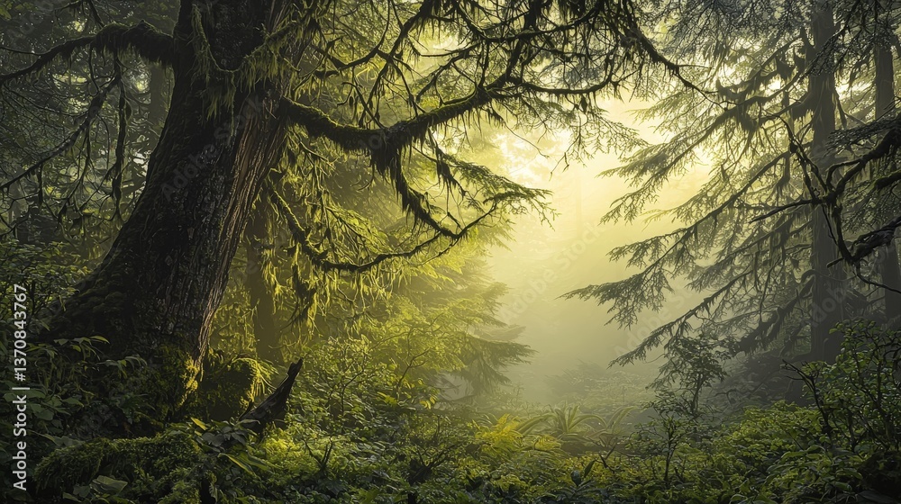 Naklejka premium Serene sunlit forest with moss-covered trees and lush green foliage