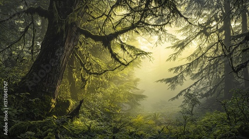 Serene sunlit forest with moss-covered trees and lush green foliage