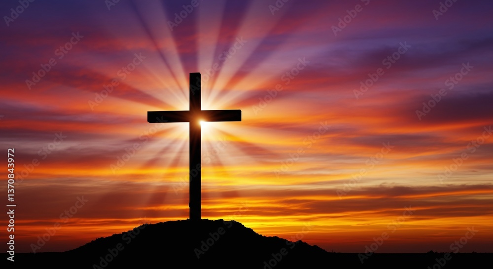 Sunset Cross Silhouette: A striking silhouette of a cross set against a dramatic sunset, rays of light radiating outward, embodying faith, hope, and redemption. Sunset Cross Silhouette: A striking silhouette of a cross set against a dramatic sunset, rays of light radiating outward, embodying faith, hope, and redemption.