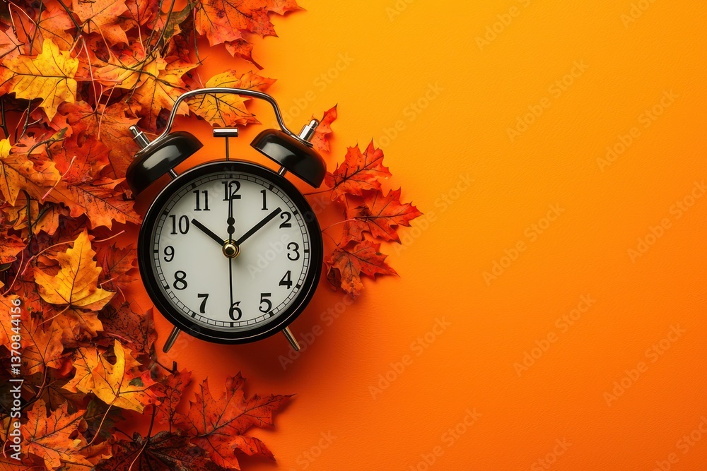 custom made wallpaper toronto digitalA classic alarm clock nestled amongst vibrant autumn leaves, marking the changing season and the cozy feeling of fall with a warm orange background.