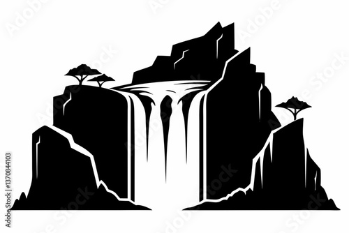 waterfall cascades water tumbling silhouette line art vector illustration