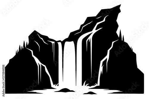 waterfall cascades water tumbling silhouette line art vector illustration