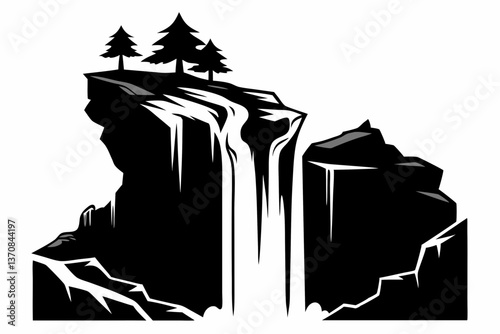 waterfall cascades water tumbling silhouette line art vector illustration