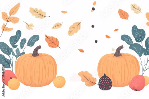 Thanksgiving pumpkins with fruits and falling leaves without text