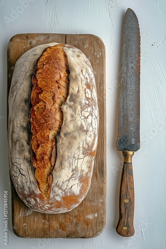 Artisan Bread Loaf Resting on a Wooden Cutting Board With a Serrated Knife Ne...